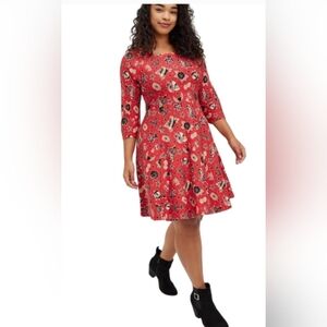 TORRID Mini Studio Luxe Ponte Babydoll Dress in Red Tattoo Print Size 00/10